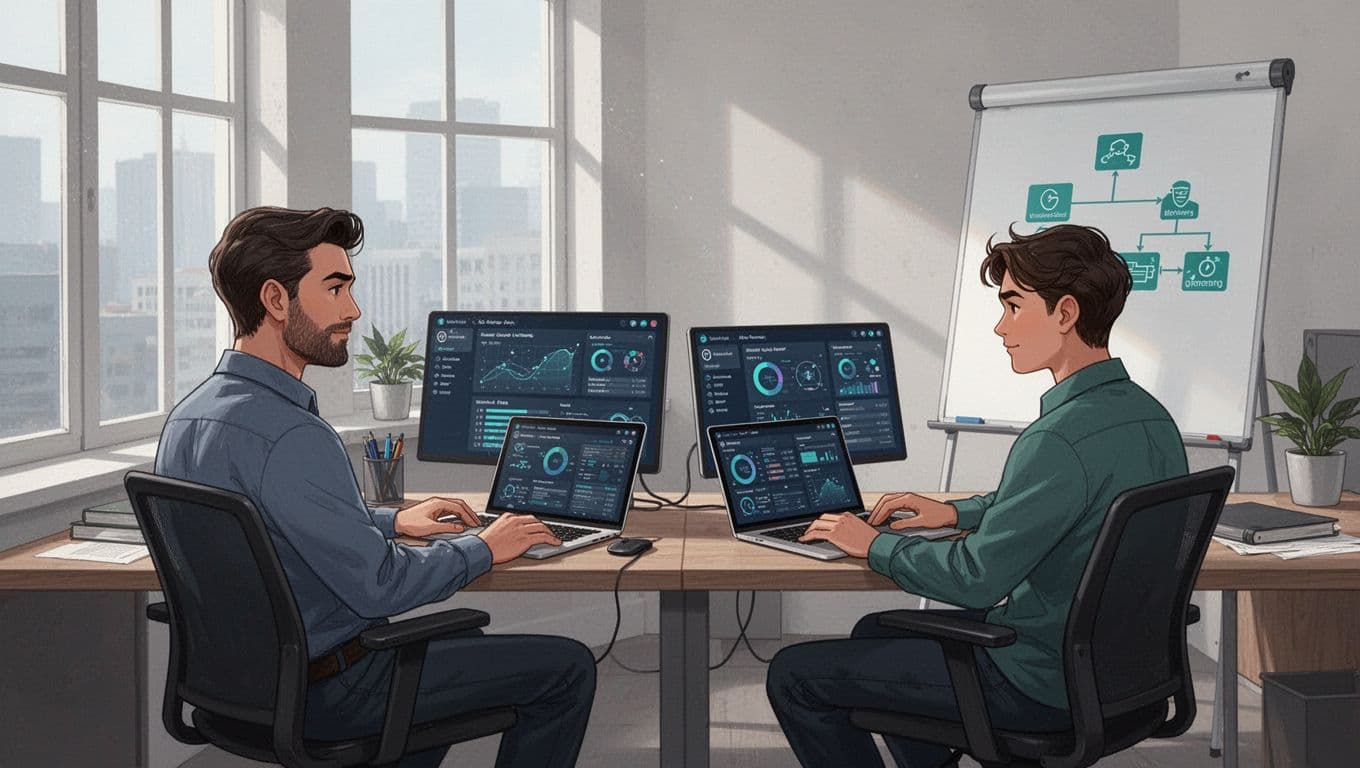 One lead cybersecurity consultant and one junior in a compact modern boutique office space, laptops open to security dashboards, whiteboard with simple green network icons, relaxed collaborative pose in modern illustration style.