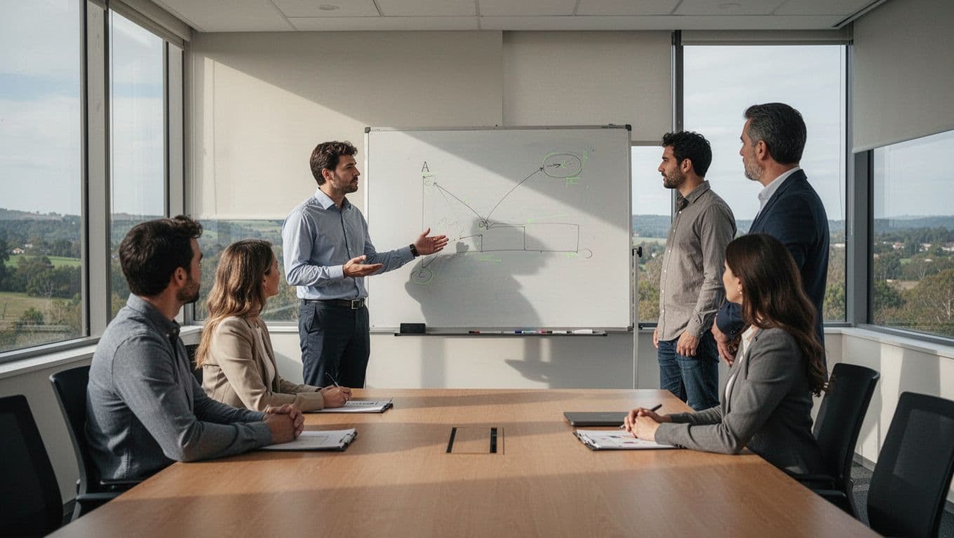 Vulnerability management analyst presents risk report on whiteboard to four IT and engineering colleagues in conference room, focused discussion with clean illustration style, green highlights, natural lighting.