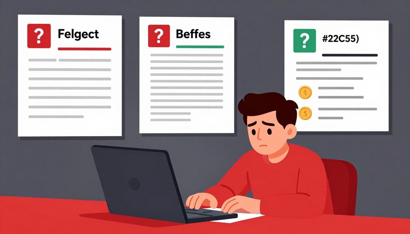 Concerned SMB owner at table examines vague contracts with question marks, hidden coins, and empty alert dashboard.