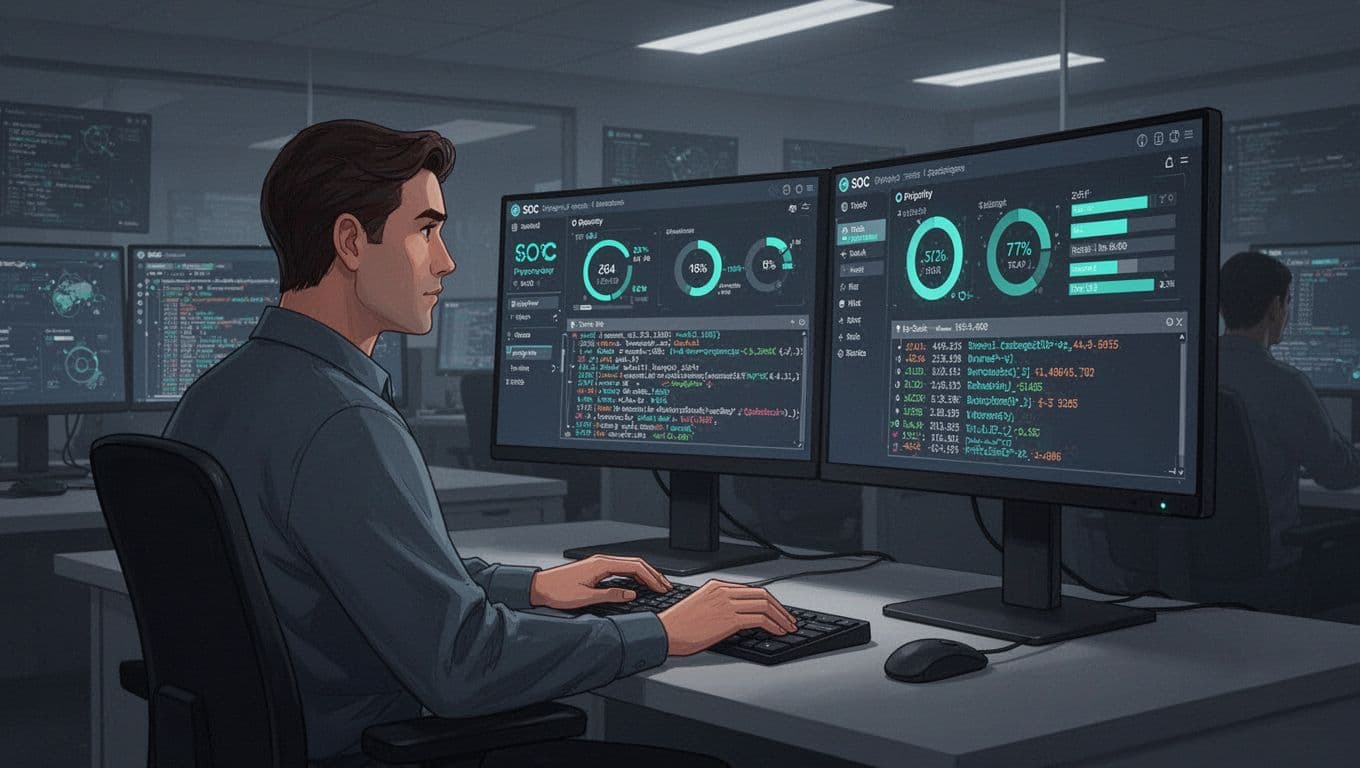 Security analyst seated at workstation in dimly lit SOC, focused on dual monitors with alert dashboards and log streams.