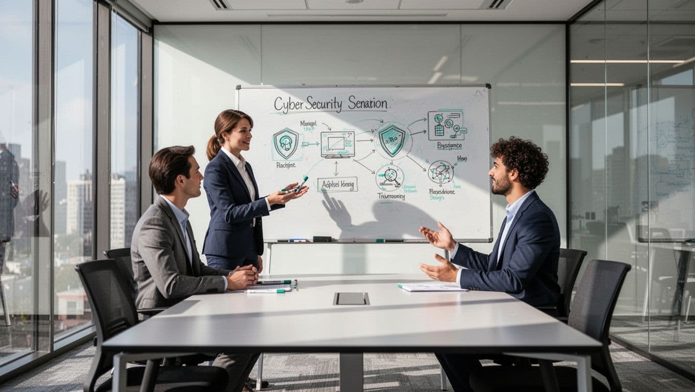 In a modern conference room, a hiring manager and candidate relaxedly discuss a cybersecurity scenario on a whiteboard during a technical interview for a SOC analyst role, featuring clean shapes, natural lighting, and green accents.