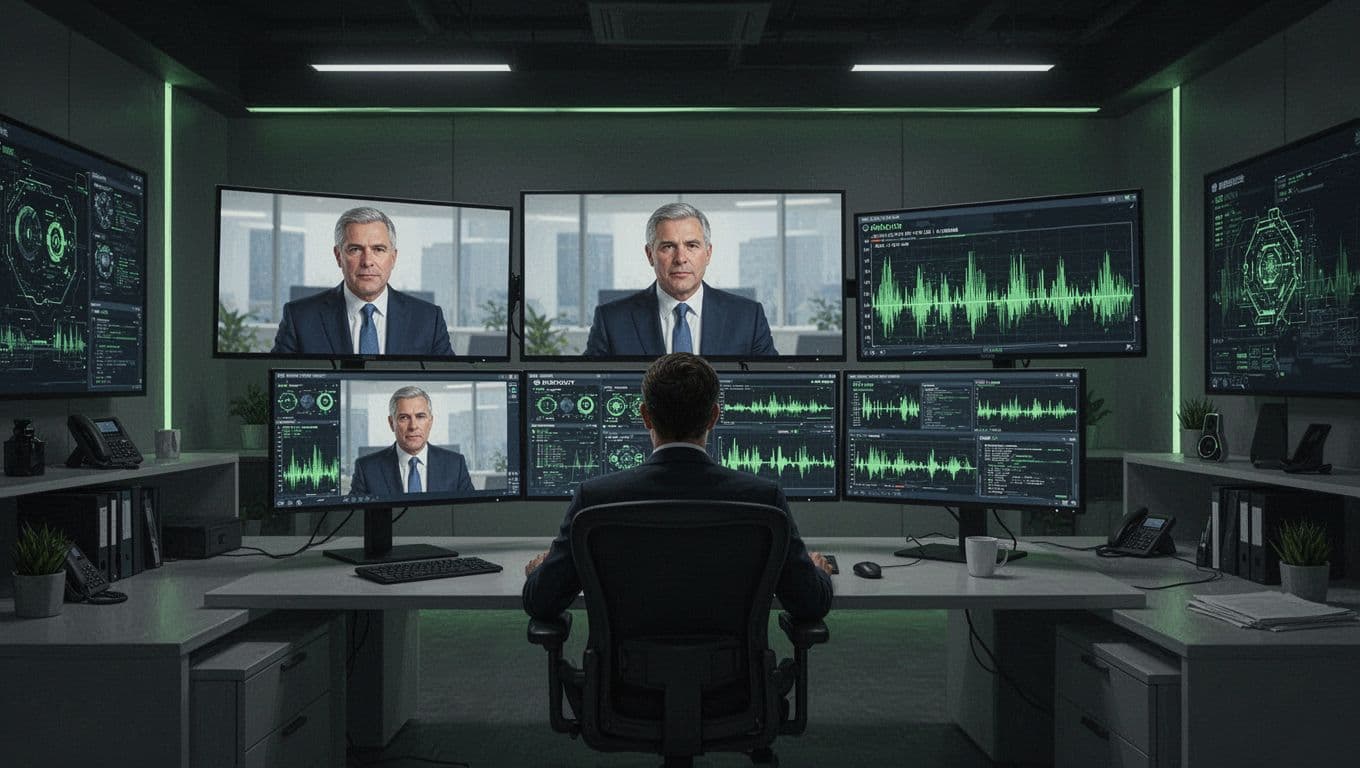 SOC analyst examines screens showing deepfake CEO video in fraudulent call and audio waveform anomalies with green alert highlights.