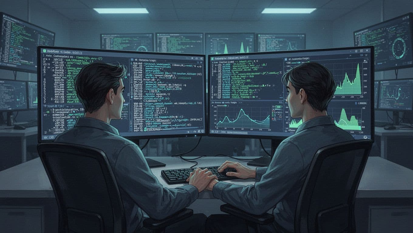 Modern illustration of a cybersecurity professional seated at a desk with dual monitors displaying log analysis and alerts in a dimly lit SOC room, focused expression, clean shapes, controlled cool blue and green color palette.