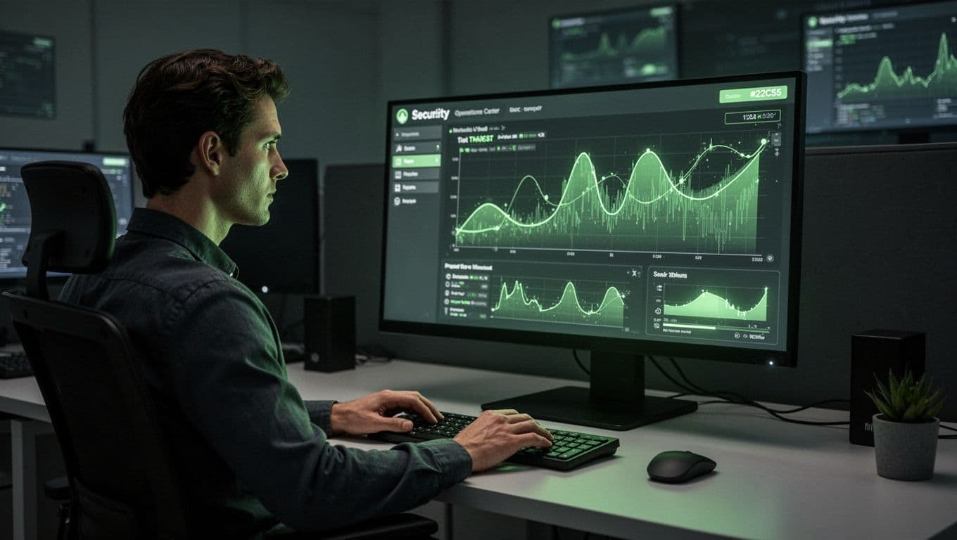 Modern illustration of a security operations center analyst at a workstation, focused on monitoring threat dashboards with abstract graphs. Dimly lit room with screen glow, clean shapes, controlled color palette accented by green highlights on dashboards.