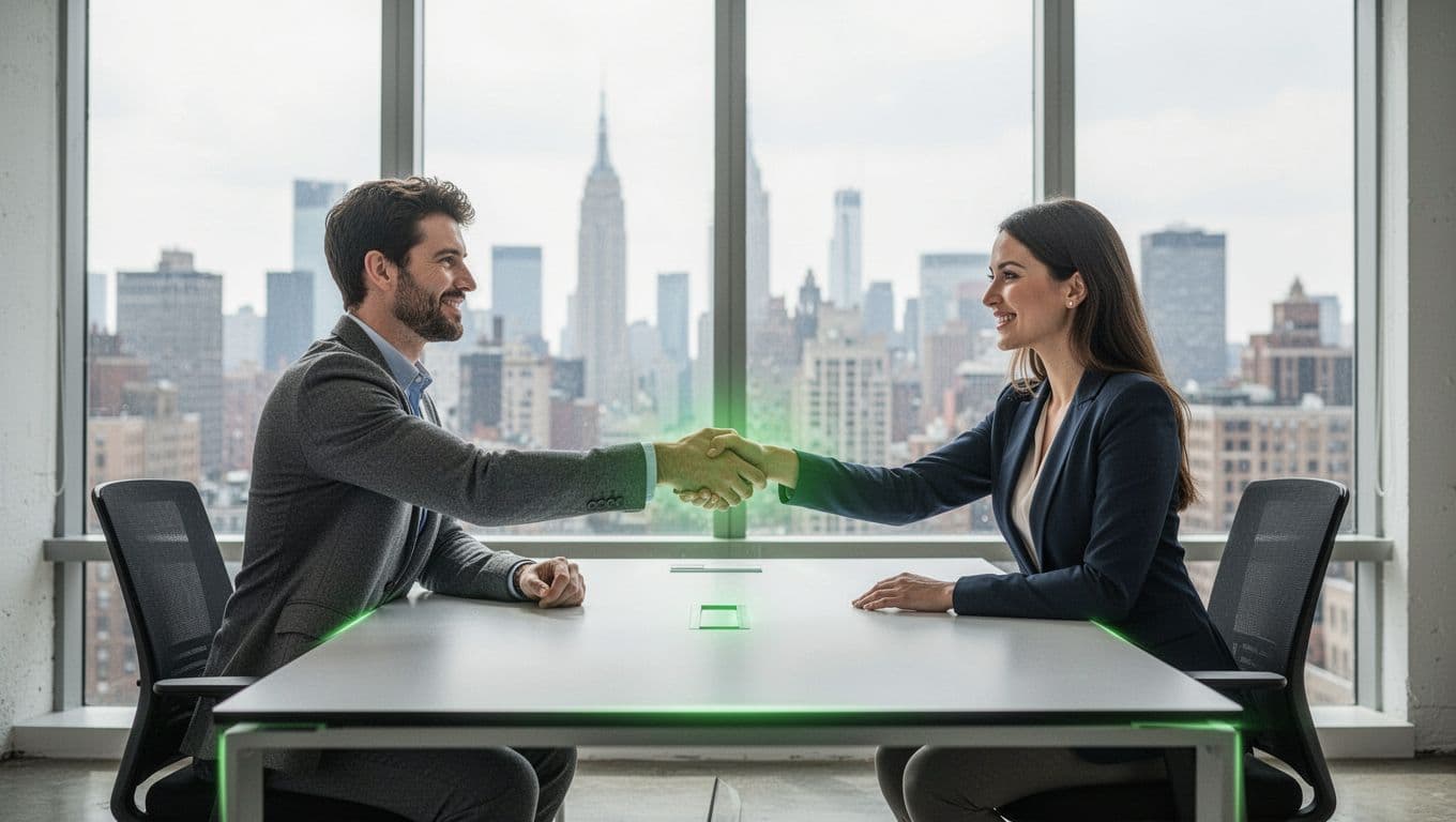 Modern illustration of a cybersecurity professional shaking hands with a recruiter in a modern office with city skyline view, using clean shapes and #22C55E color accents.
