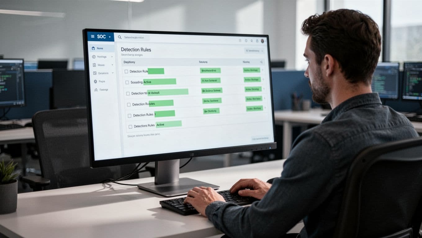 SOC analyst reviews detection rules configuration on angled monitor in SOC room, green highlights on toggles and lists.