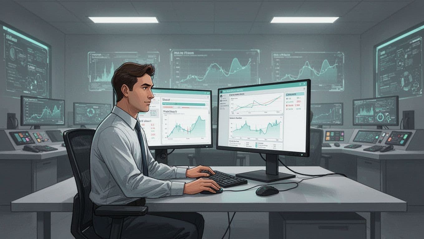 Modern illustration of a single security analyst at a desk in a SOC room, focused on dual monitors displaying alerts, hand on mouse, with clean shapes, neutral tones, green accents, and soft lighting.