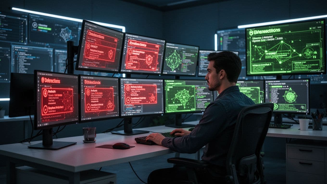 Detection engineer at desk reviews multiple screens with red flashing alerts and green highlights in dimly lit room.