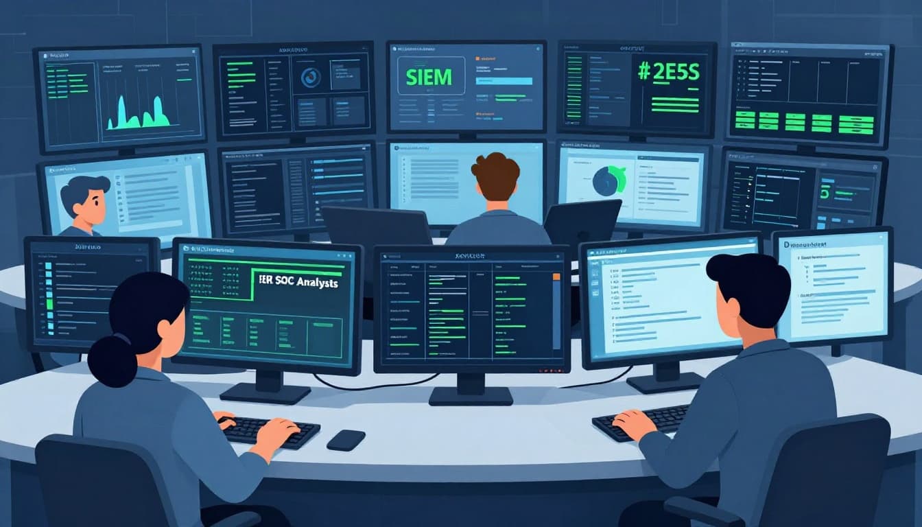 Modern illustration of a diverse three-person SOC analyst team in a control room monitoring multiple screens for cyber threats, featuring one at a SIEM dashboard and another checking EDR alerts with relaxed hands on keyboards in controlled blue tones.