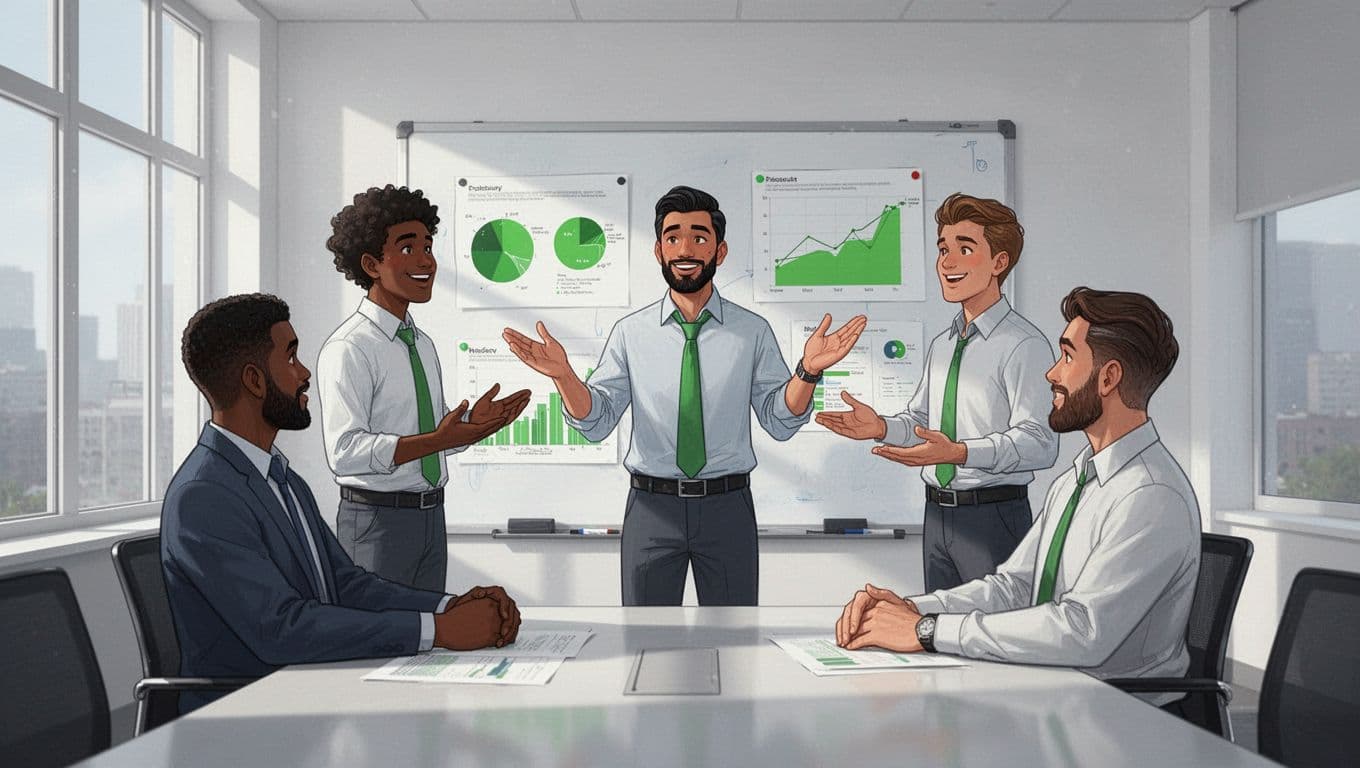 Three diverse SOC analysts discuss charts on a whiteboard in a bright conference room, one mentoring others.