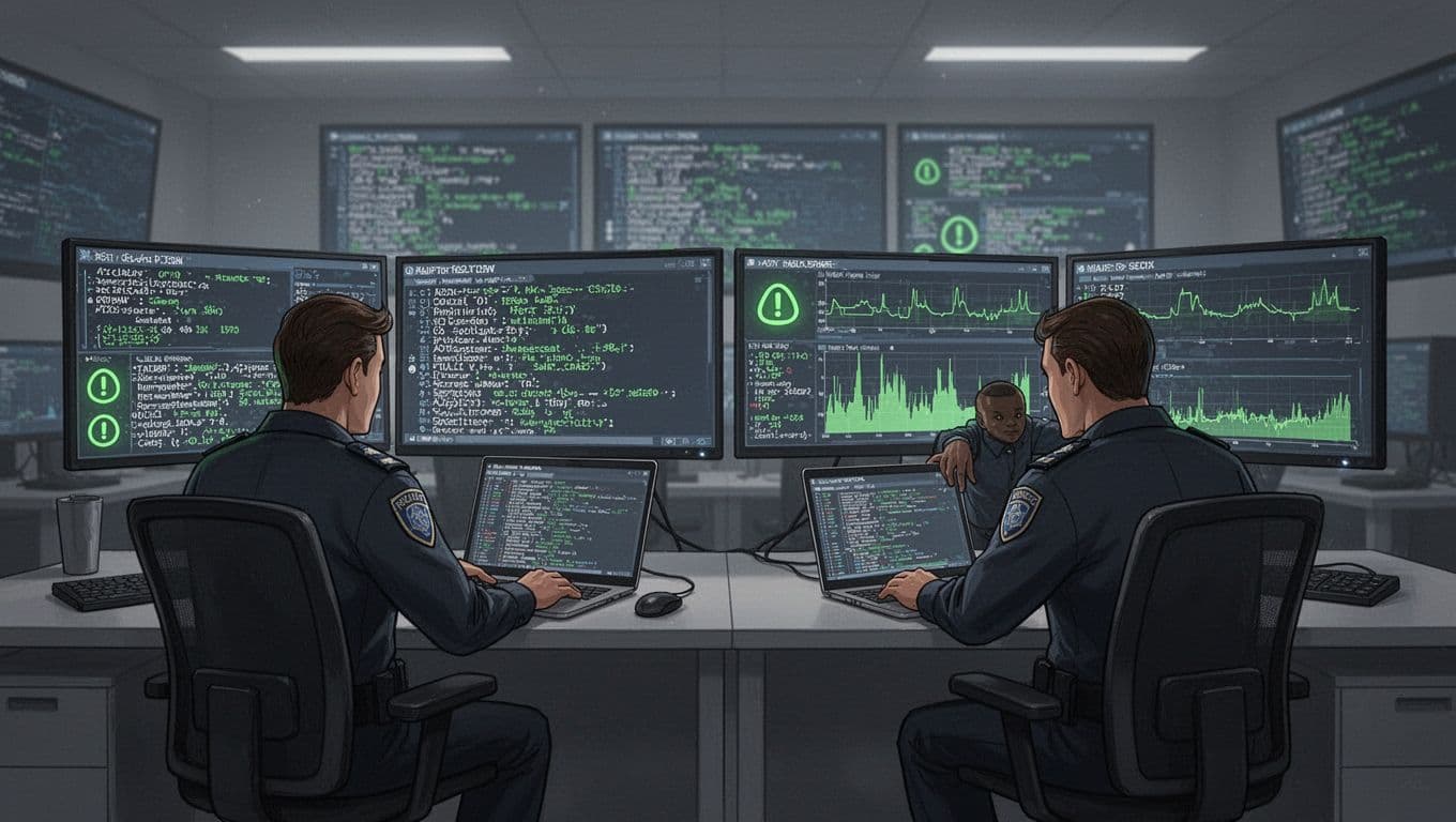 Modern illustration of a security operations center featuring exactly two analysts at desks facing multiple monitors with security alerts and timelines, one reviewing logs on a laptop, in a focused composition highlighting monitoring and response under dim lighting with screen glow.