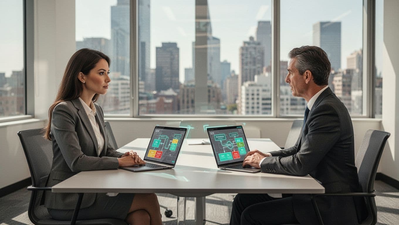 Two interviewers and a candidate review SOC architecture diagrams on laptops in a modern conference room.