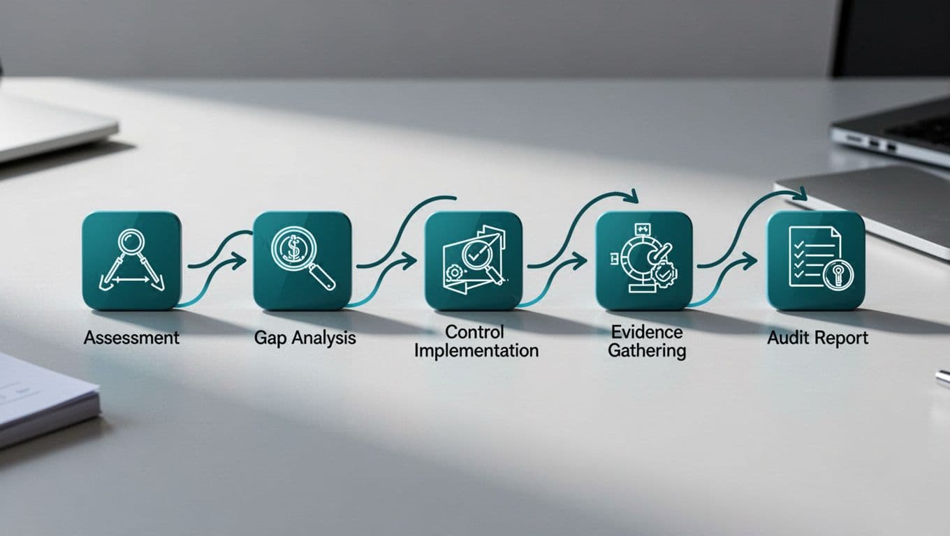 Modern clean illustration of a flowchart depicting the SOC compliance process from readiness assessment to audit report, with simple icons for gap analysis, control implementation, and evidence collection on a minimalist workspace background.