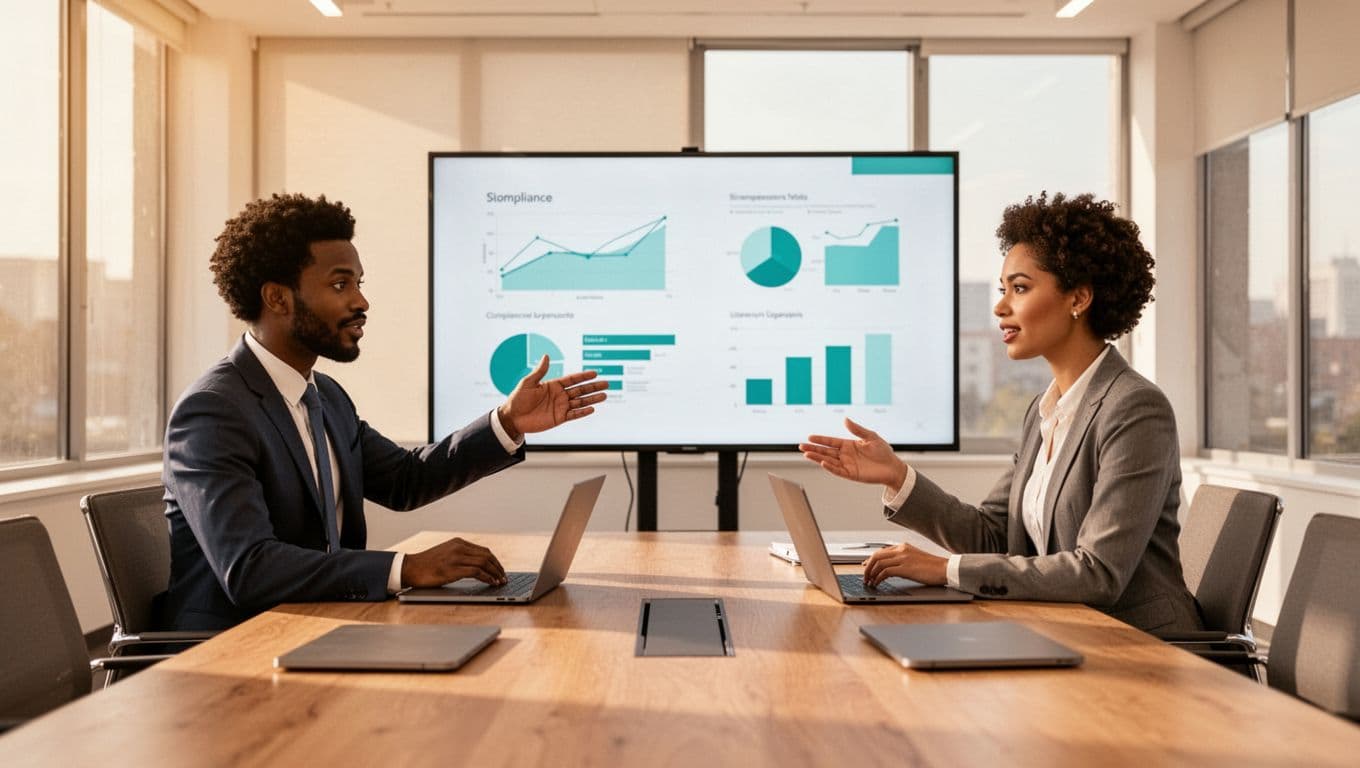 Modern illustration of two diverse compliance experts discussing SOC audit remediation in a bright conference room, one pointing to simple charts on a shared screen with collaborative poses.