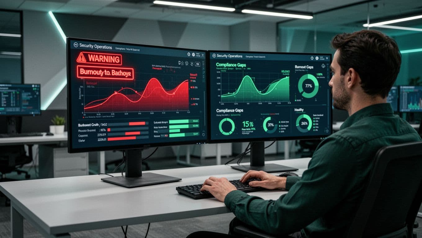 SOC dashboard shows red alerts for over-outsourcing and under-resourcing, burnout graphs, compliance gaps, with one analyst at dual monitors.