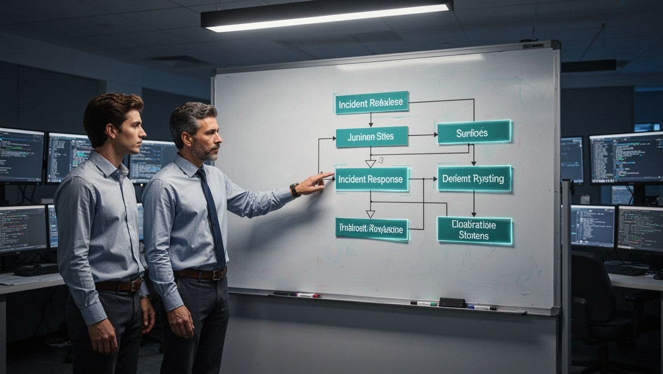 Modern illustration of a whiteboard flowchart outlining incident response steps in a dimly lit security operations center, with a junior analyst consulting a senior leader amid background monitors.
