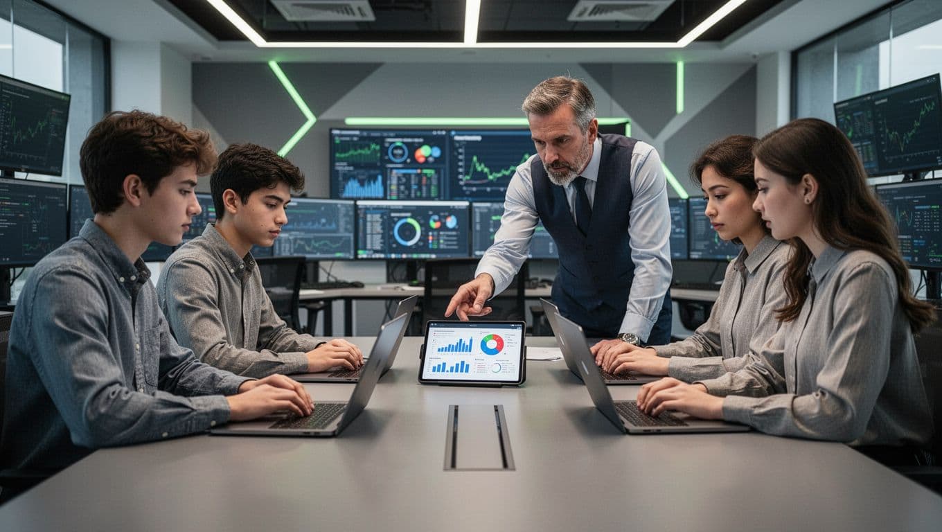 Manager discusses career growth chart with two junior analysts at table with laptops in modern SOC room.