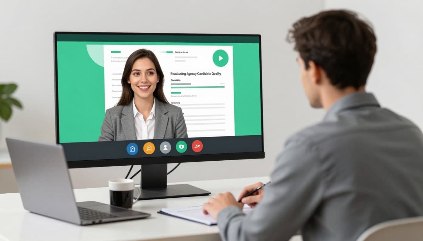 Modern illustration of a SOC manager in a hybrid setup interviewing a candidate via video call, with laptop showing resume and coffee mug on desk. Relaxed poses, clean lines, green highlights on video frame, exactly two people visible.