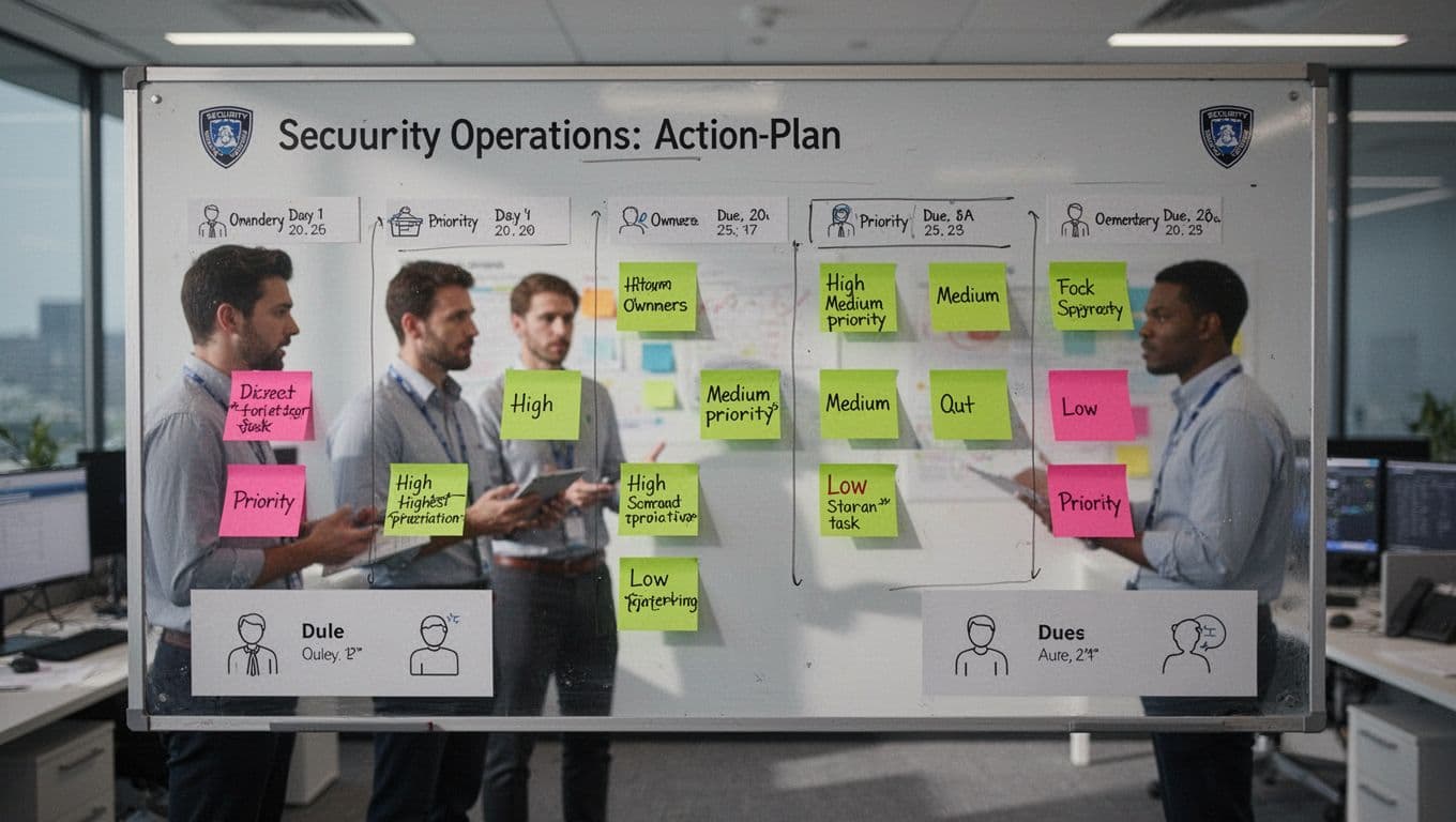 Sticky notes on a security operations center board show tasks with owners, high-medium-low priorities, and due dates; three blurred team members in background.