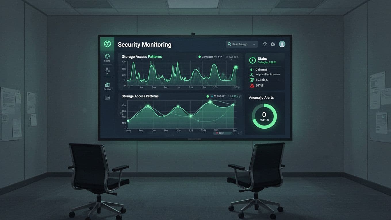 Large screen in empty room with chair displays dashboard showing storage access graphs, anomaly alerts, and green bucket status.