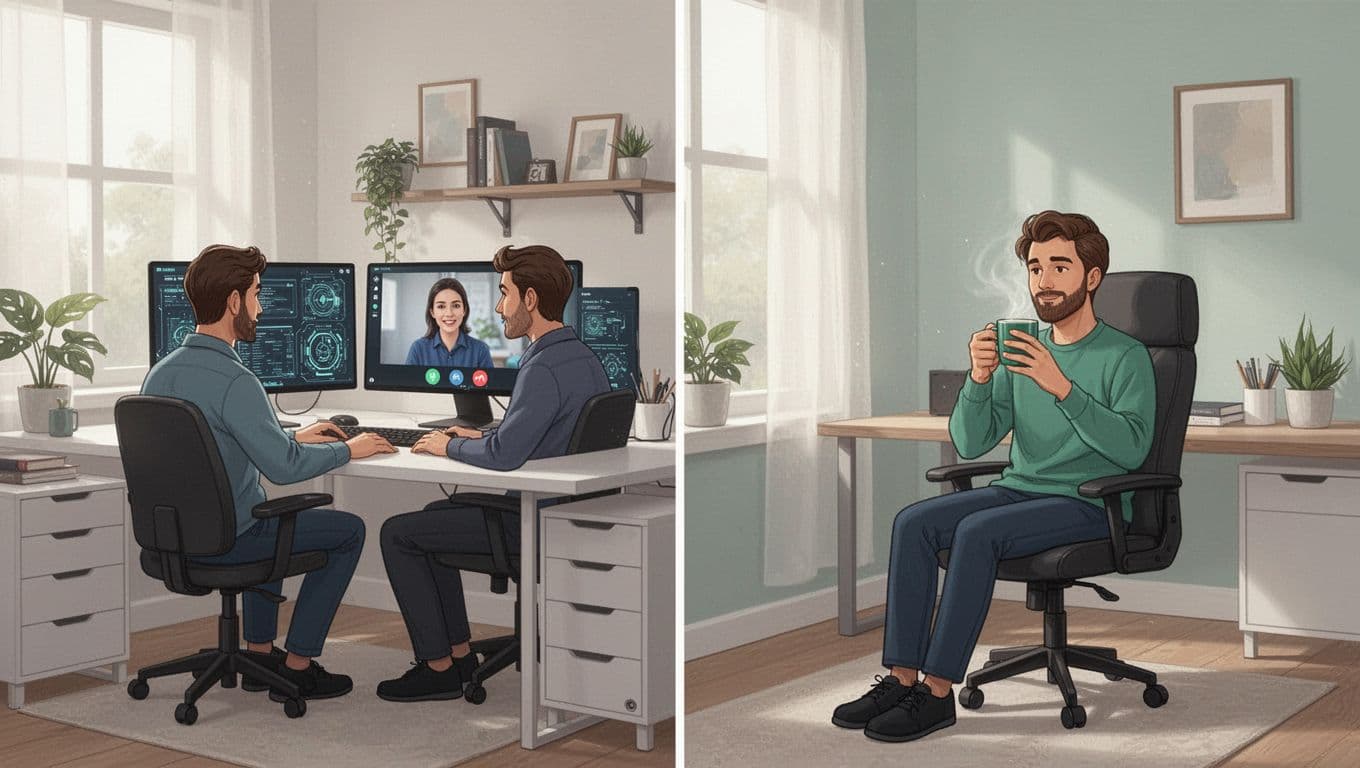 Two home analysts on video call with office colleague relaxing with coffee.