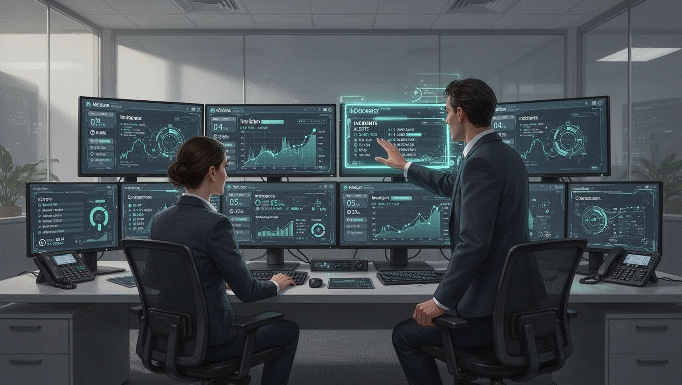 Modern illustration of a professional team in a secure operations center reviewing incident alerts on monitors, one leader points at a screen, exactly two people visible, clean shapes, soft office lighting with green UI accents.
