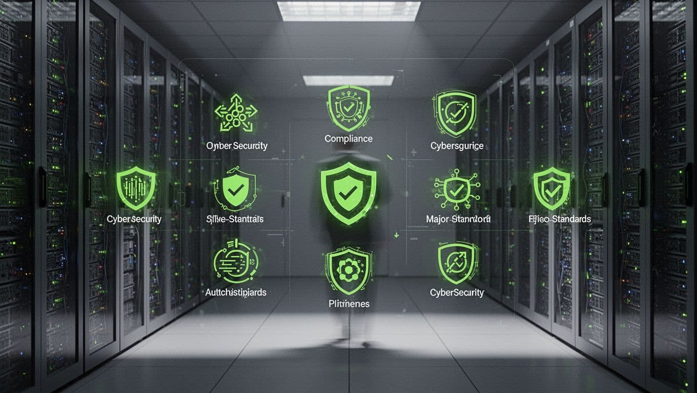 Modern illustration of security compliance icons for SOC 2, ISO 27001, and NIST standards on a digital dashboard against a secure data center background. Clean, centered composition with strong lighting and green-accented symbolic icons.