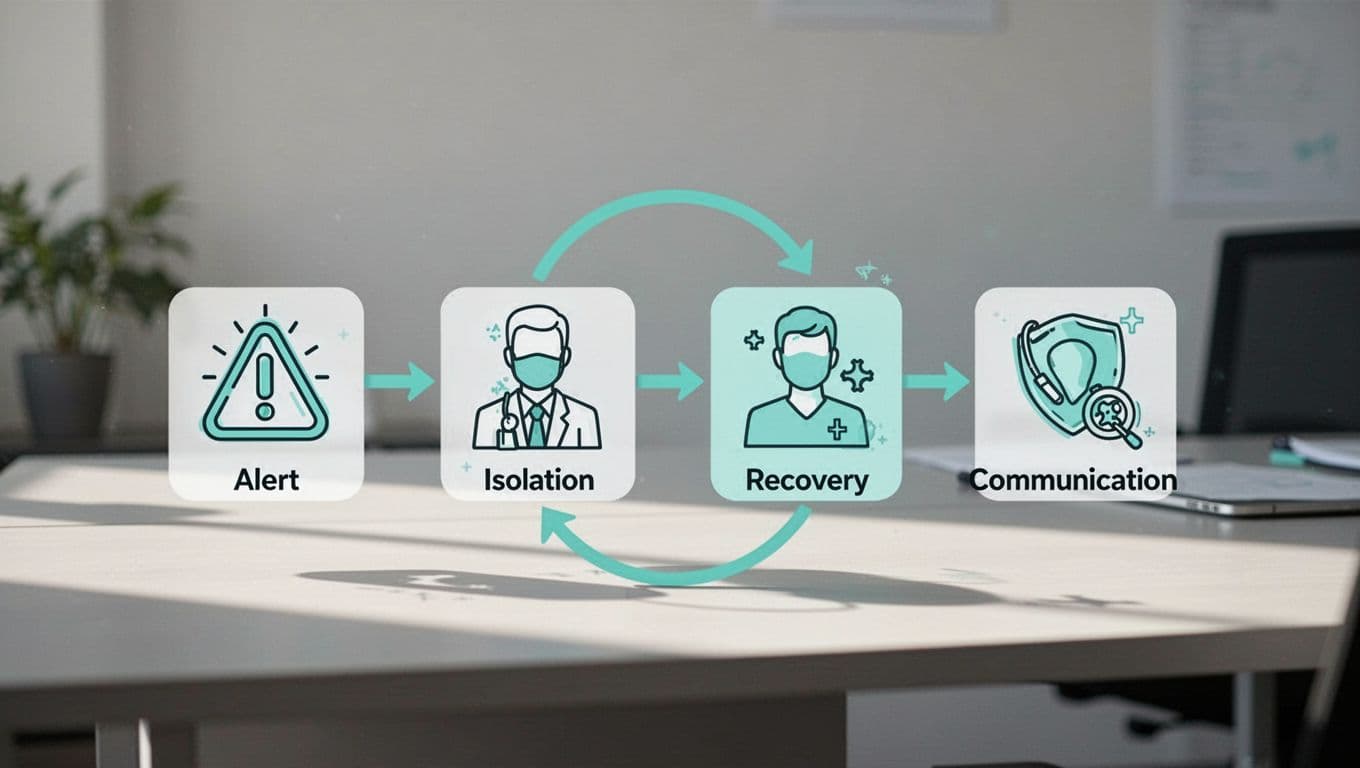 Modern flowchart illustrating step-by-step social media account takeover response from detection to recovery, with simple line icons for alert, isolation, recovery, and communication connected by arrows on a subtle office desk background.