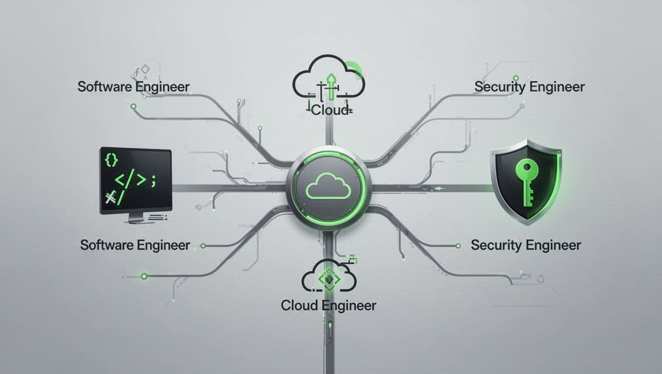 Modern illustration depicting three branching paths from a central onboarding hub: software engineer with code icon, cloud engineer with architecture diagram, and security engineer with shield and key. Features clean lines, #22C55E icon accents, landscape composition on neutral background.