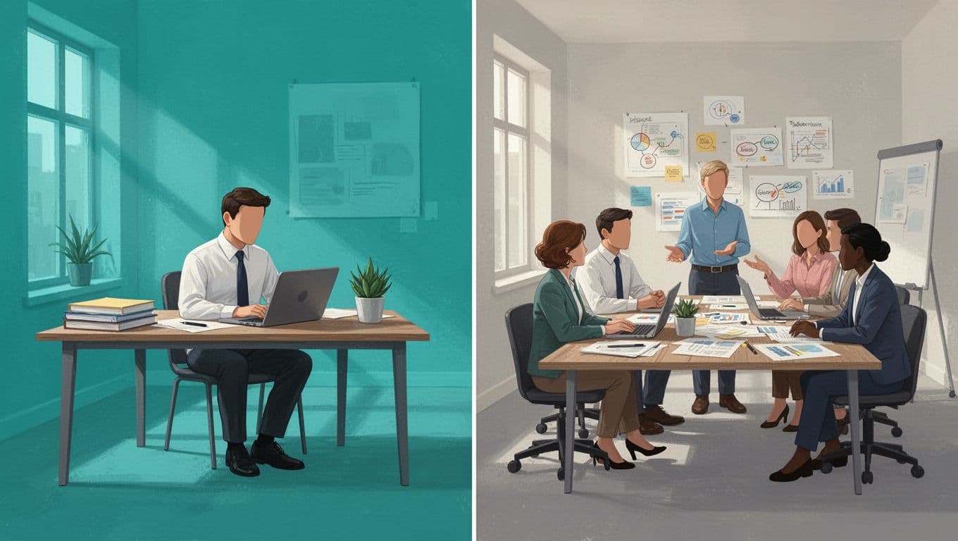Split-screen modern illustration contrasting an efficient independent consultant working solo on the left with a cluttered large team meeting on the right, using clean shapes, neutral backgrounds, and green highlights for the consultant side.