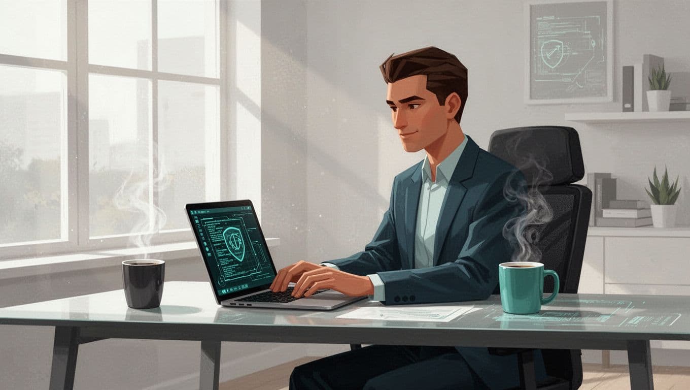 Modern illustration of a confident independent cybersecurity consultant working alone at a modern desk with laptop and coffee mug in a home office, emphasizing solo focus and professional tools.
