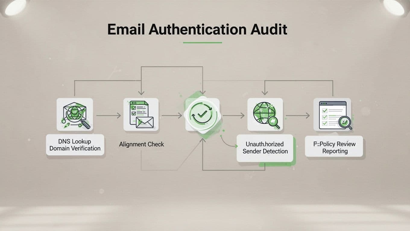Modern illustration depicting a flowchart of SPF DKIM DMARC audit process: steps from domain check to policy review to reporting, icons for DNS lookup, alignment check, unauthorized sender detection, clean shapes, strong composition, neutral background, green accents on key steps, no text labels, no people, no watermarks, no logos.