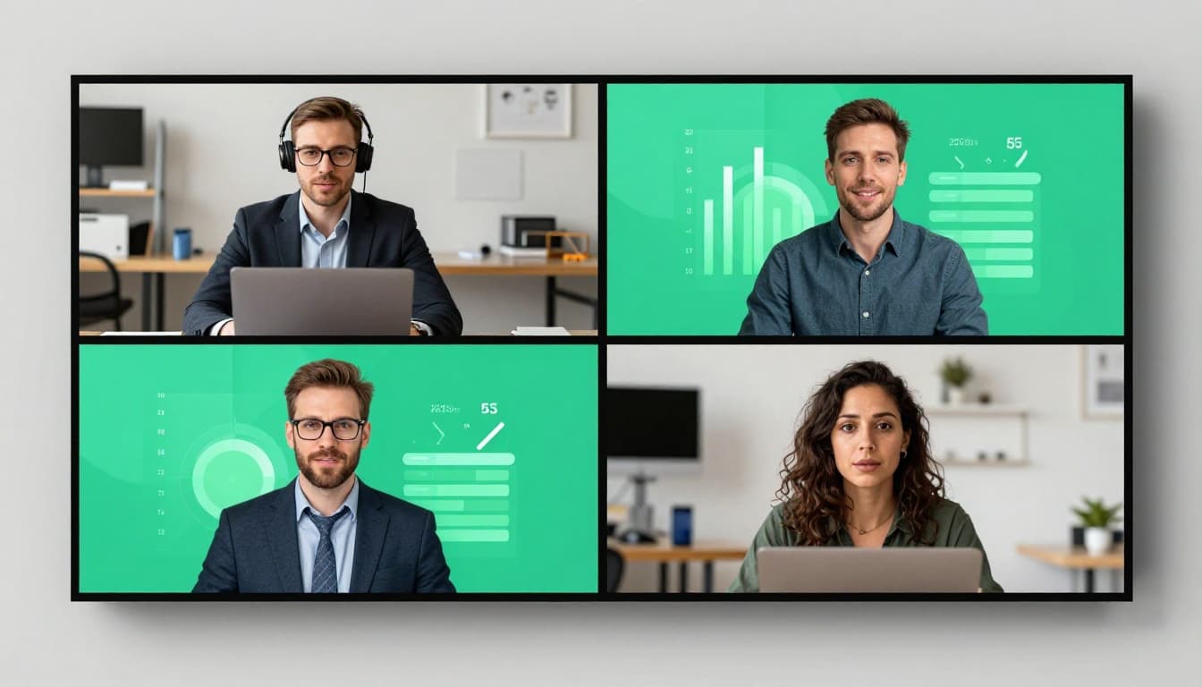 Hiring manager and candidate in split-screen video interview, with security metric charts and hybrid workforce devices in background.