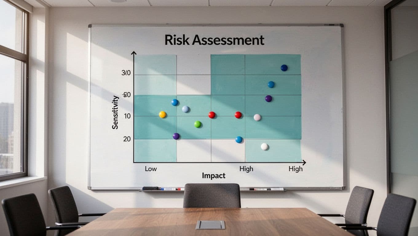 Illustration of a simple risk assessment matrix on a conference room whiteboard, with horizontal axis for user impact (low to high) and vertical axis for sensitivity (low to high), featuring colored dots representing SaaS apps plotted by risk levels, modern clean design.