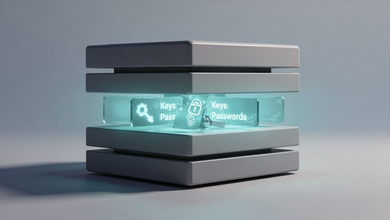Stacked container image layers from side angle, one layer glowing green to expose embedded API keys and passwords.