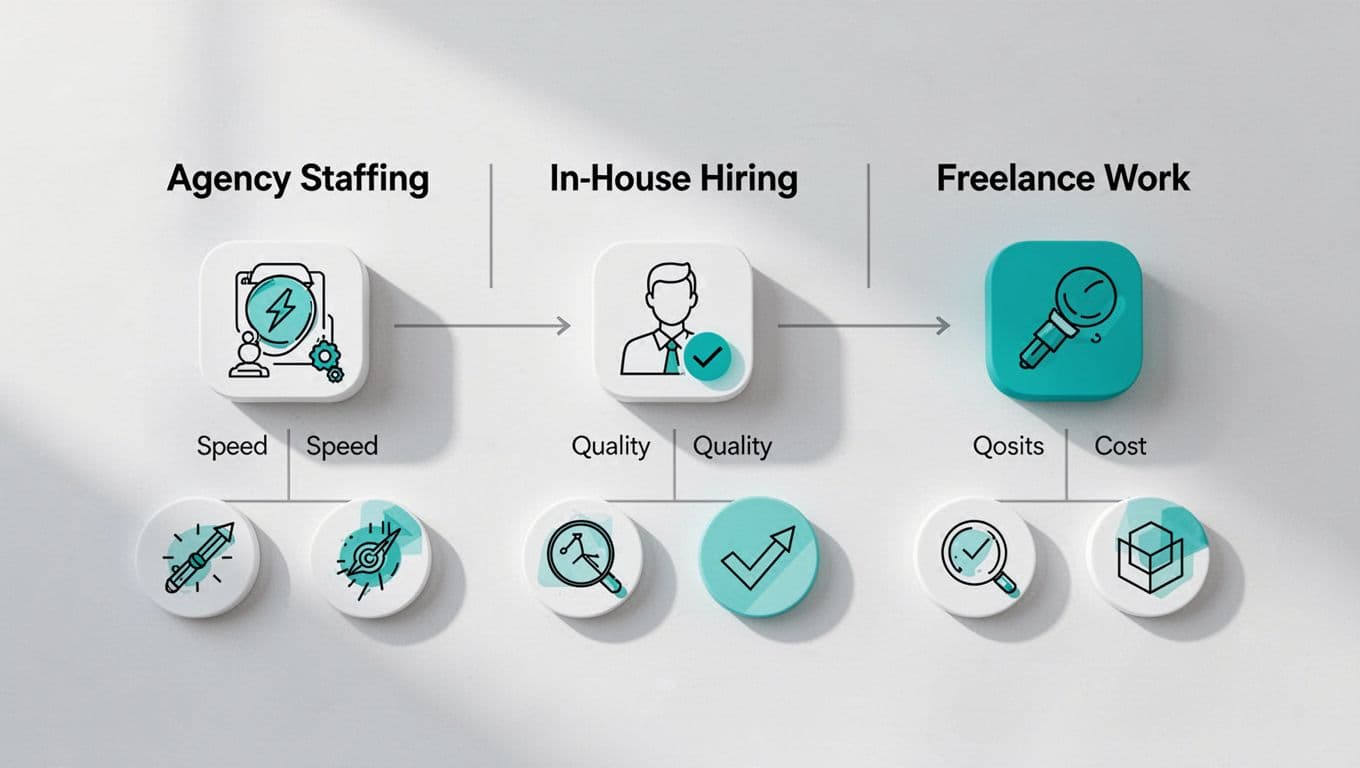 Modern illustration of a comparison chart showing three staffing paths: agency, in-house hiring, and freelance, with icons for speed, quality, and cost in a simple flowchart style using clean shapes and a controlled palette.