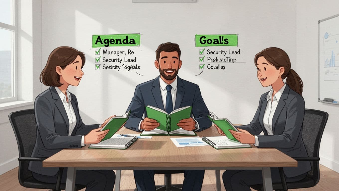 Modern illustration of IT manager, security lead, and consultant discussing goals around a table with aligned expressions. Clean shapes, green highlights, bright meeting room.