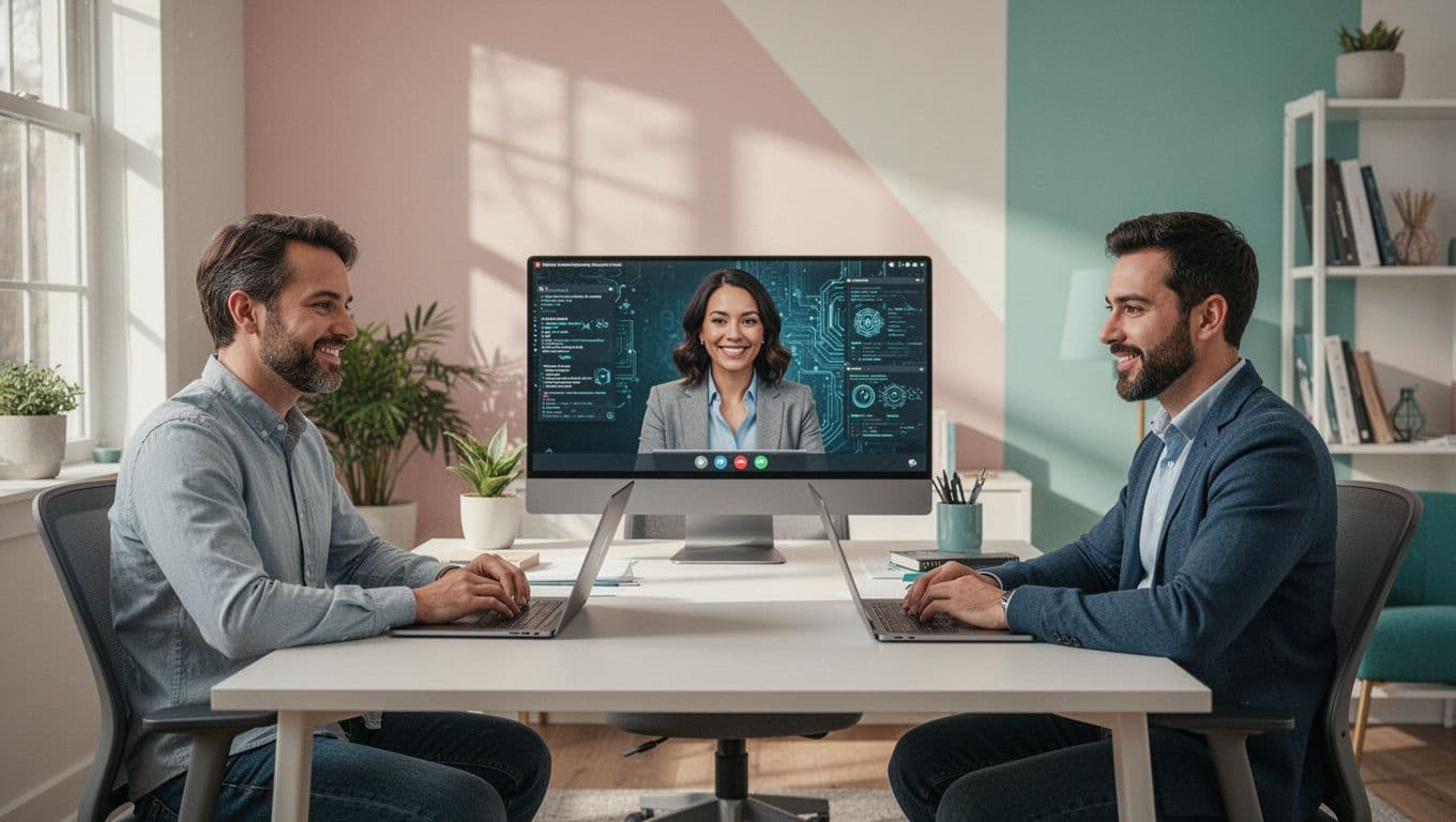 Modern illustration of a startup CTO in a home office on a video call with a cybersecurity recruiter and fractional vCISO candidate, screens displaying resume highlights and remote tools with green accents.