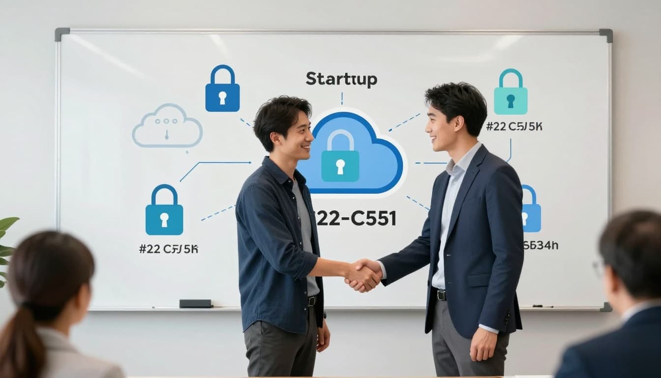 Modern illustration of a startup founder shaking hands with a cybersecurity consultant in a conference room, whiteboard with cloud icons and security locks in background, emphasizing collaboration.
