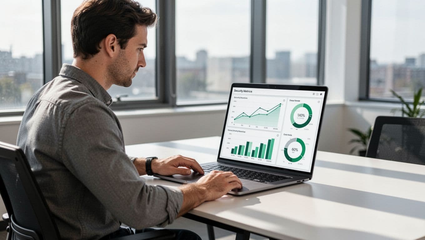 Startup founder at modern desk in bright office views laptop screen with security metrics dashboard showing line charts, bars, and gauges.