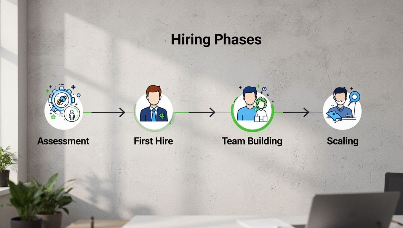 Horizontal timeline with four phase icons—assessment, first hire, team build, scale—connected by arrows on subtle office wall background.