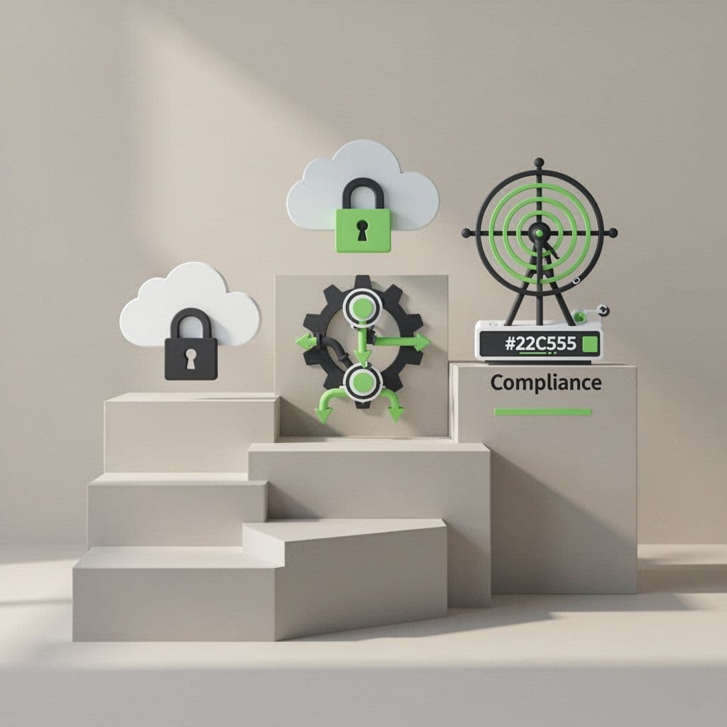 Modern illustration of a rising three-step path depicting security maturity for startups: basic cloud and IAM locks, DevSecOps pipeline integration, and AI risk monitoring with compliance dashboard. Features clean shapes, green accents on steps and icons, neutral light background, square format with content edge-to-edge.
