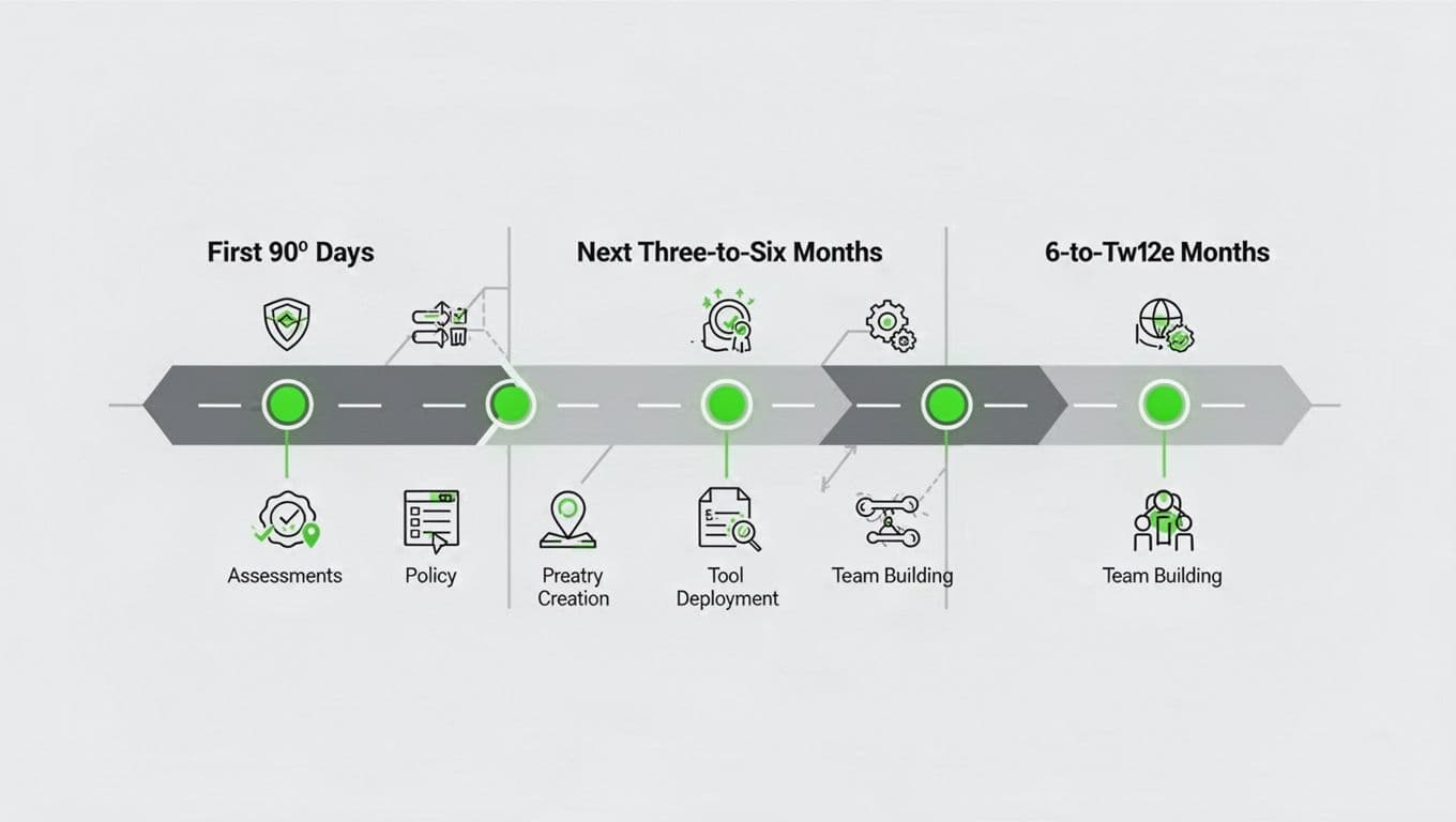 Horizontal timeline shows three phases—0-90 days, 3-6 months, 6-12 months—with icons for assessments, policies, tools, team building, green accents on milestones, light background.