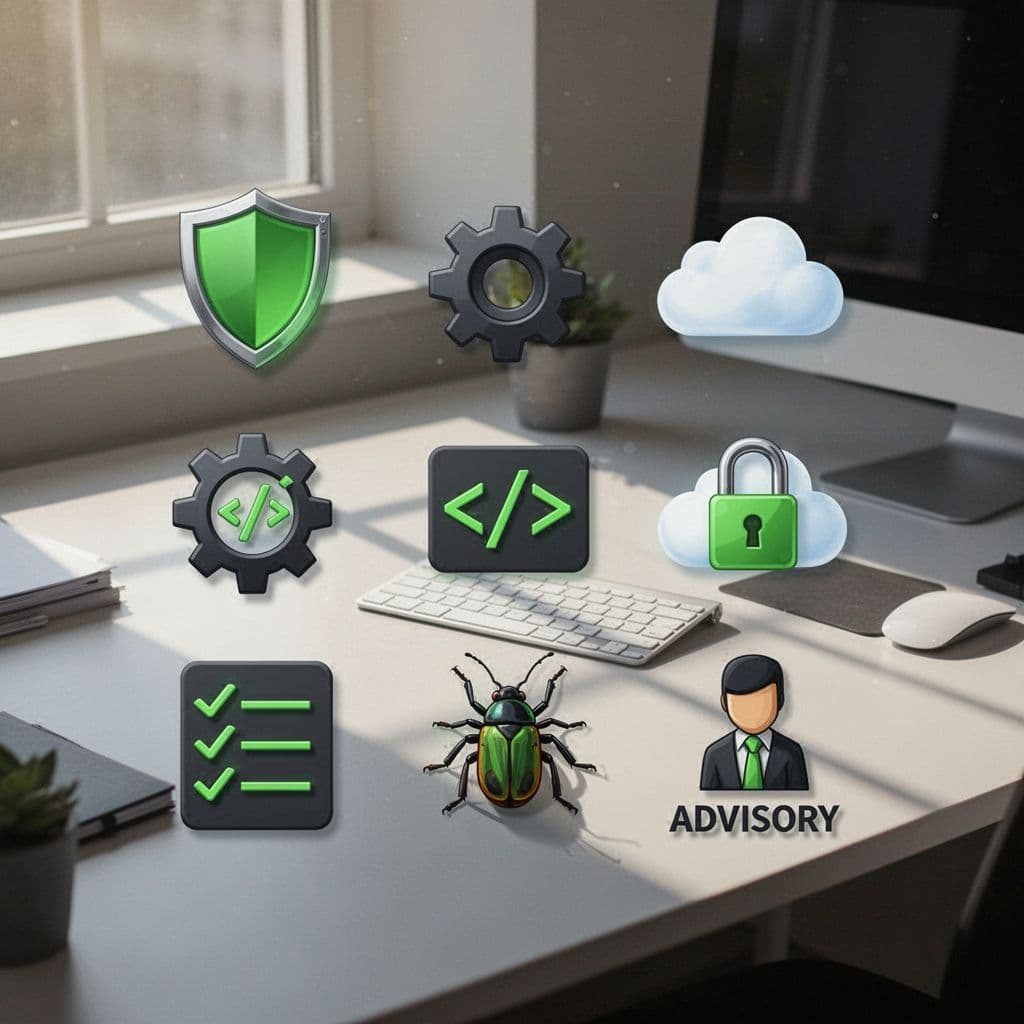 Modern illustration of various cybersecurity roles icons like generalist, engineer, compliance, and vCISO advisor, arranged in a startup workspace background with clean shapes and green accents.