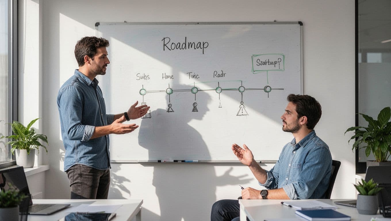 Two team members in modern office discuss timeline sketch on whiteboard.