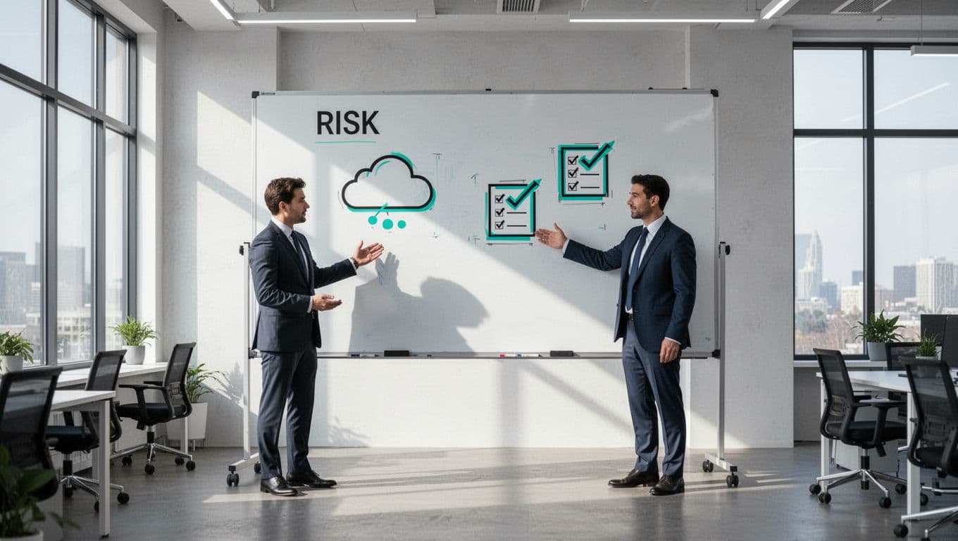 Modern illustration of two-person startup team in a modern office assessing cybersecurity risks on a whiteboard, with a leader pointing to prioritized threats like cloud breach and compliance gaps using clean shapes, controlled colors, and #22C55E accents.