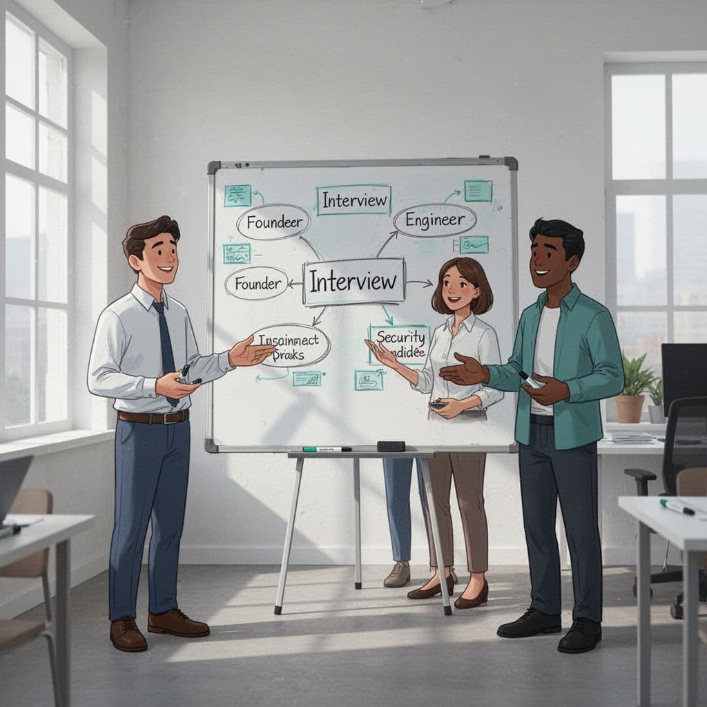 Modern illustration of a small startup team in a casual office interviewing a security candidate at a whiteboard, one founder, one engineer, and the candidate all focused with clean shapes and green accents.