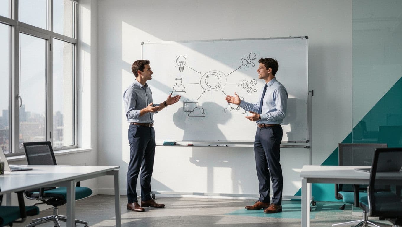Two people in modern office stand by whiteboard with user growth chart, security icons, and question marks.