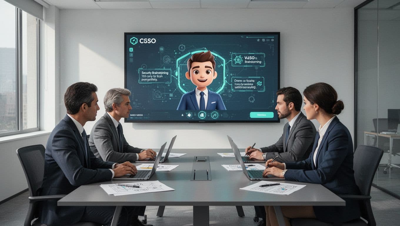 Modern illustration of a startup team in a contemporary office collaborating on security strategies, guided by a virtual CISO avatar displayed on a large screen. The scene features one leader and three team members at a table with laptops and notes, emphasizing teamwork under soft lighting.