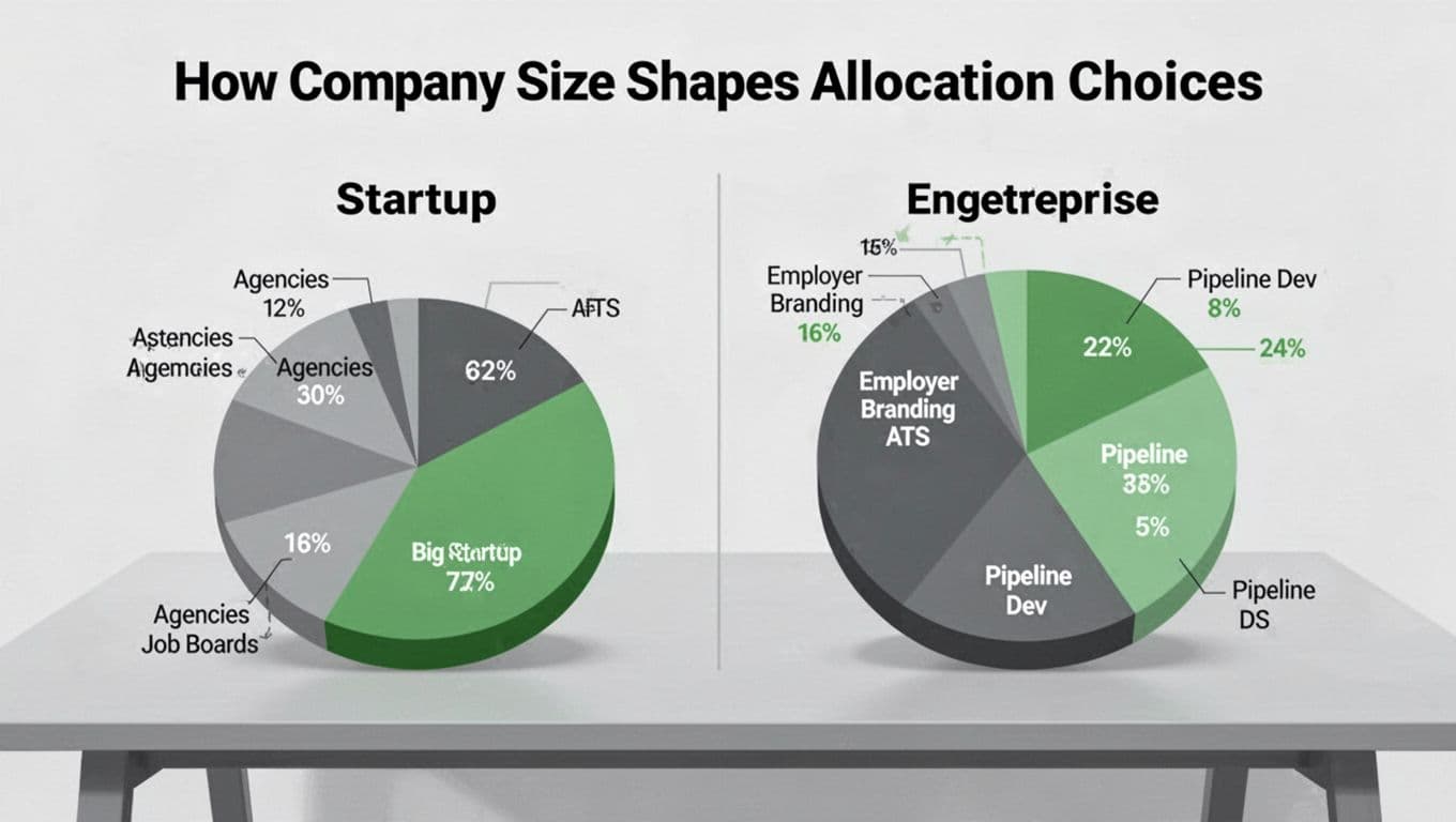 Modern illustration of side-by-side pie charts on a table, contrasting resource allocation in recruiting: small startup pie with large slices for agencies and job boards, large enterprise pie emphasizing employer branding, ATS, and pipeline development. Clean shapes with green accents, centered composition.